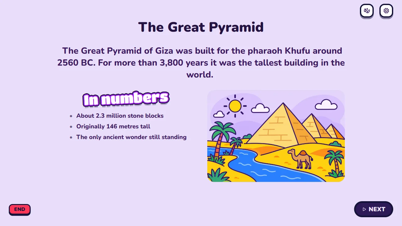 An info slide on the host screen about the Great Pyramid of Giza, with a picture of the pyramids by the Nile.