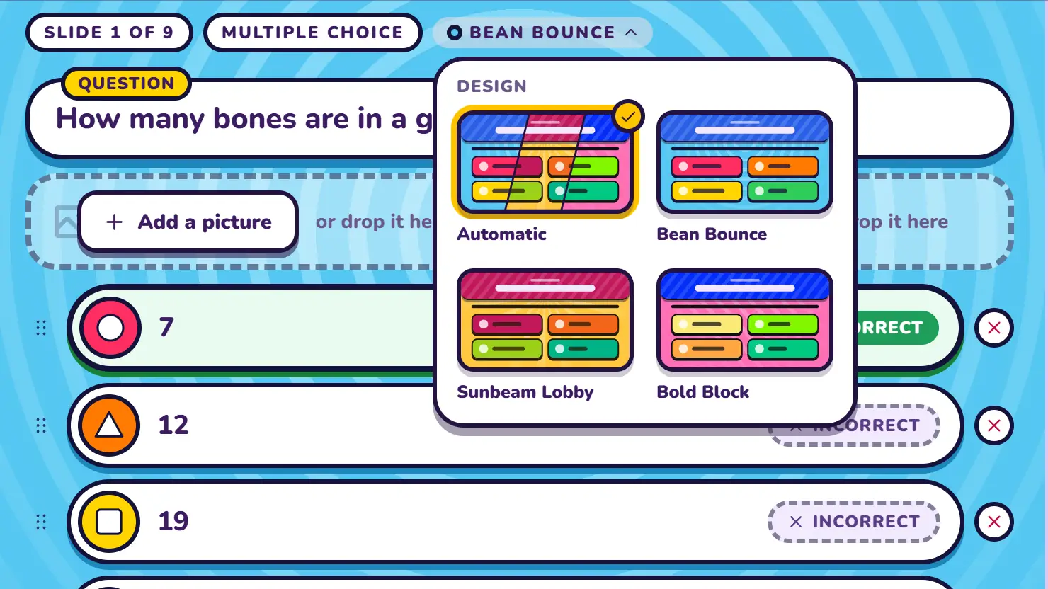The editor with the slide design menu open.