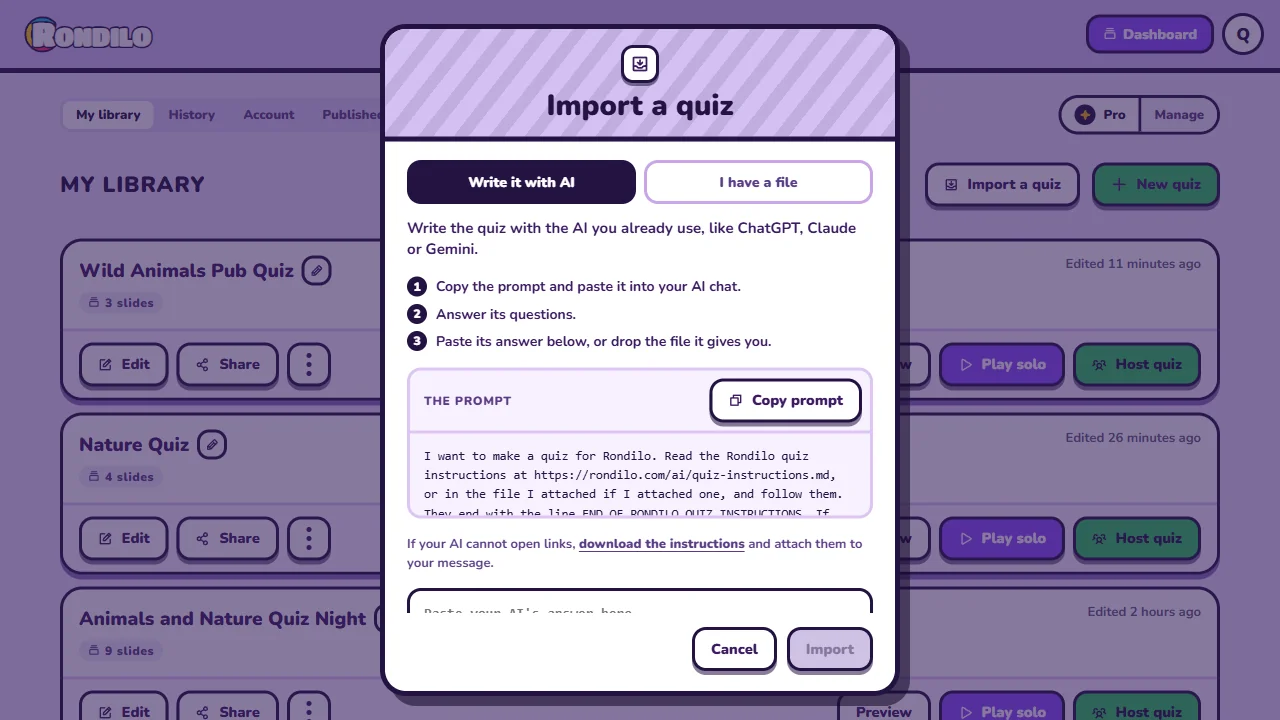 Import a quiz in My library, with the prompt to copy for your AI.
