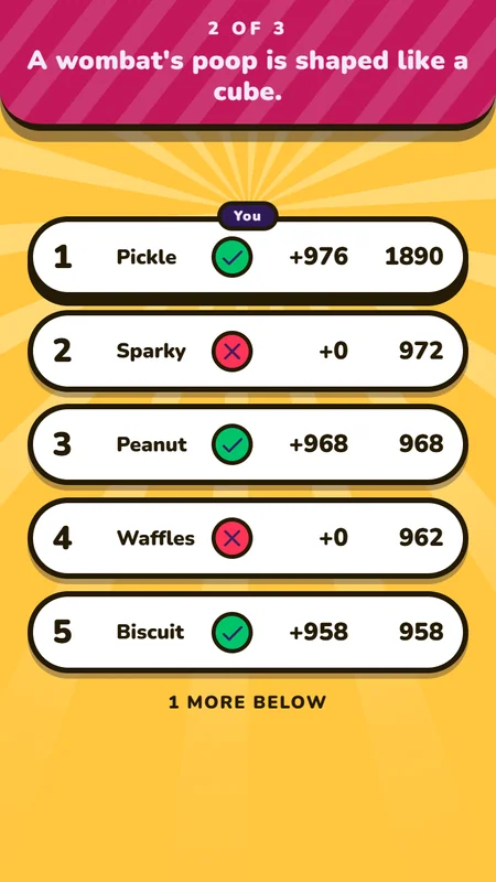 A player's phone with their points for a fast right answer and their place.