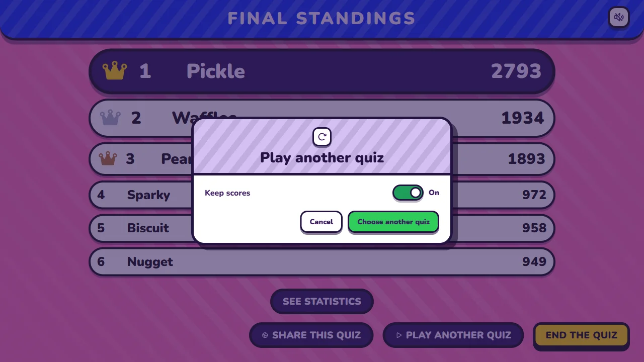 Play another quiz over the final leaderboard, with Keep scores switched on.