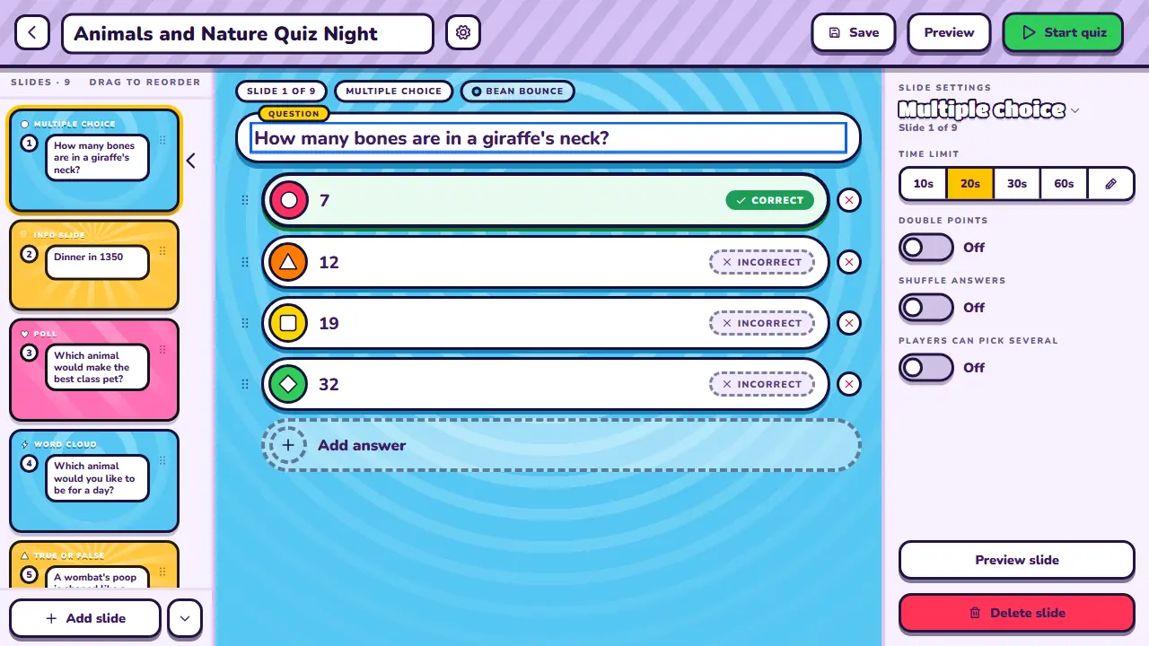The quiz editor, with a question being written.