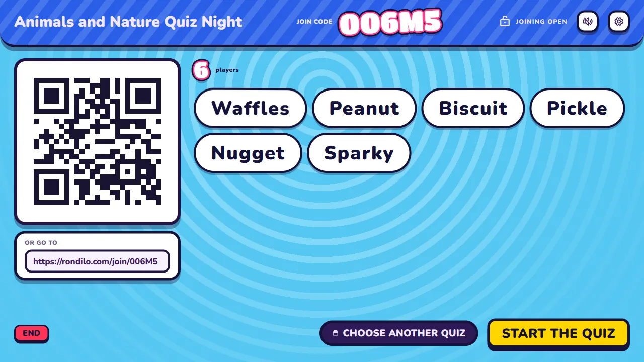 The waiting room, with the join code and the players who joined.