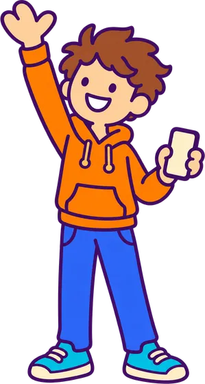 A student with their hand up and a phone in the other hand.