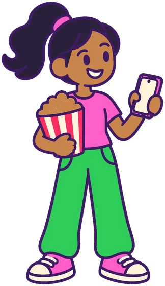 A friend with a bucket of popcorn and a phone, grinning.