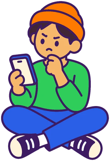 A friend sitting on the floor, thinking hard over their phone.
