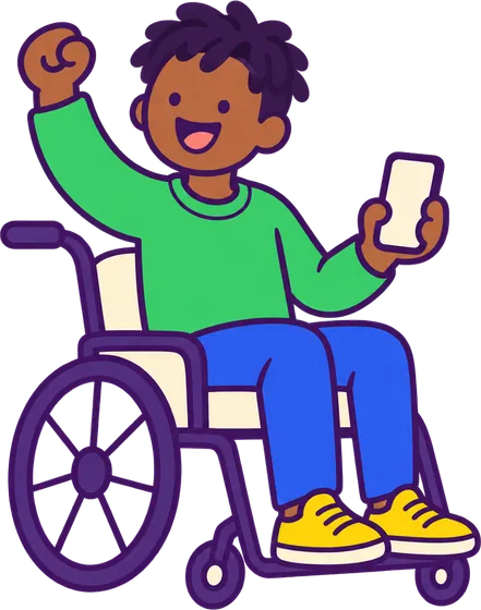 A colleague in a wheelchair, cheering with their phone.
