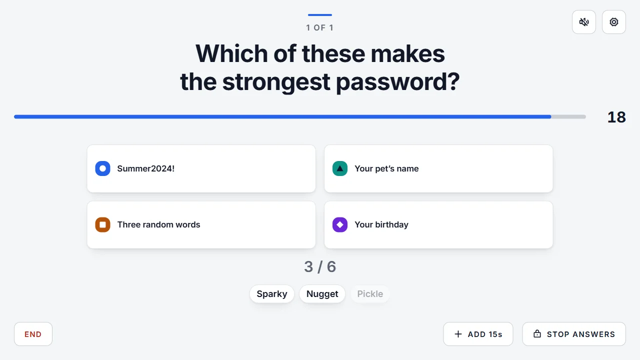The same question on the host screen in the Business theme, in two company colours.