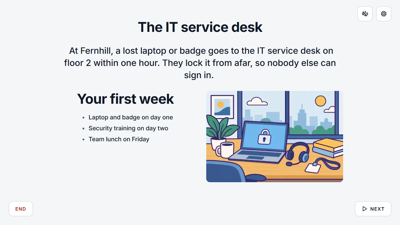 An onboarding info slide about the IT service desk on the host screen, with a picture of a help desk, in the Business theme.