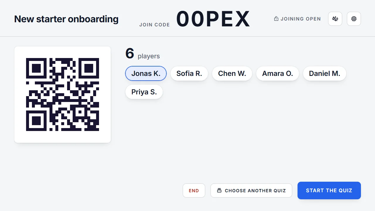 The waiting room, with the join code and the players who joined.